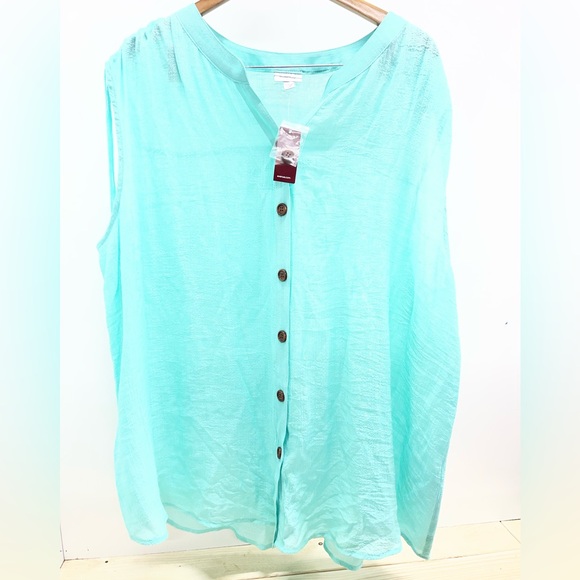 Avenue Tops - Avenue Aqua Sleeveless Button-Down Shirt